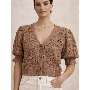 Saltwater Luxe Crochet Knit Cardigan Brown Puff Sleeve Boho Cottagecore Size L